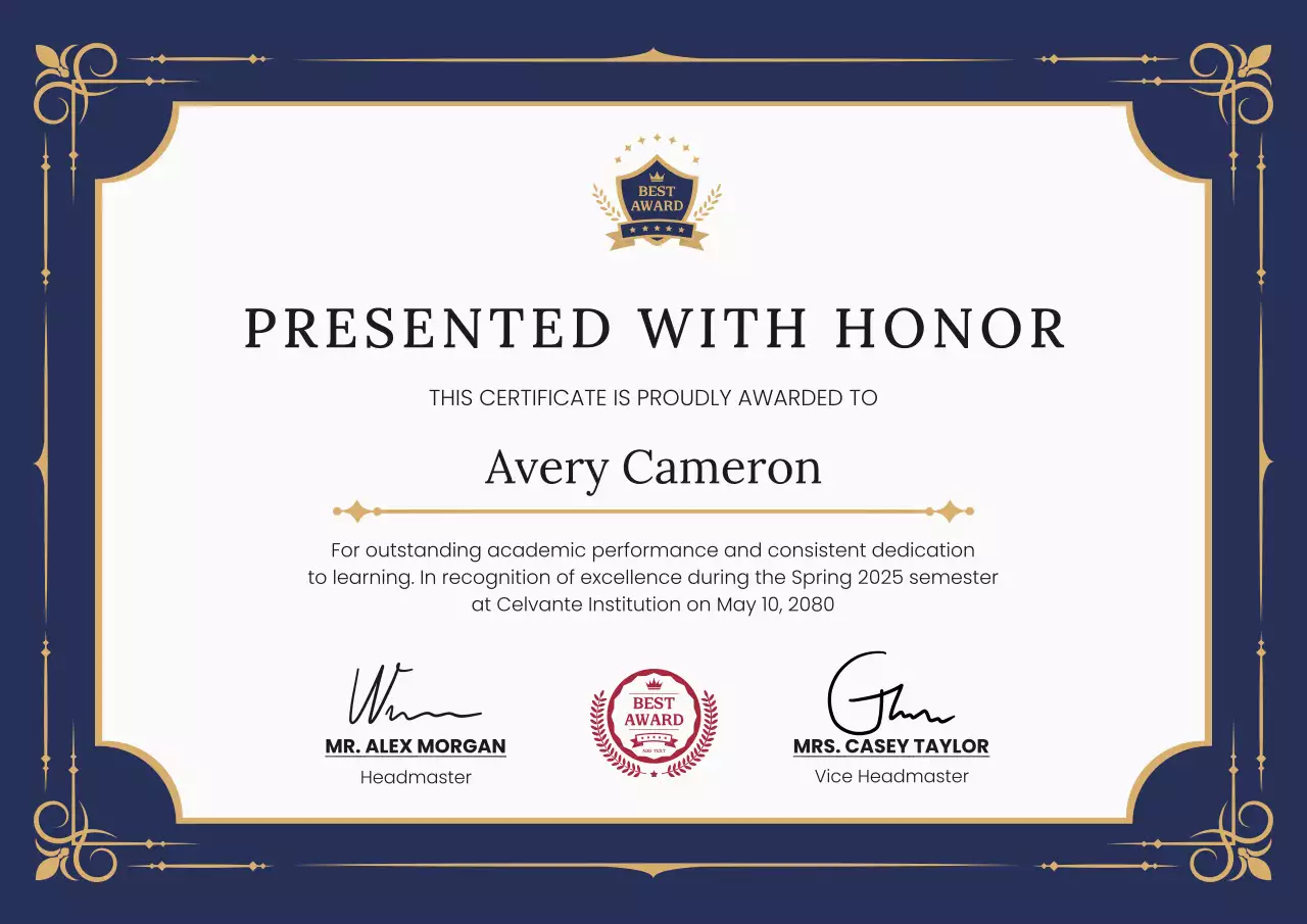 Navy and Gold Elegant Professional Academic Certificate Award Poster