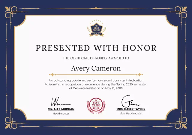 Navy and Gold Elegant Professional Academic Certificate Award Poster