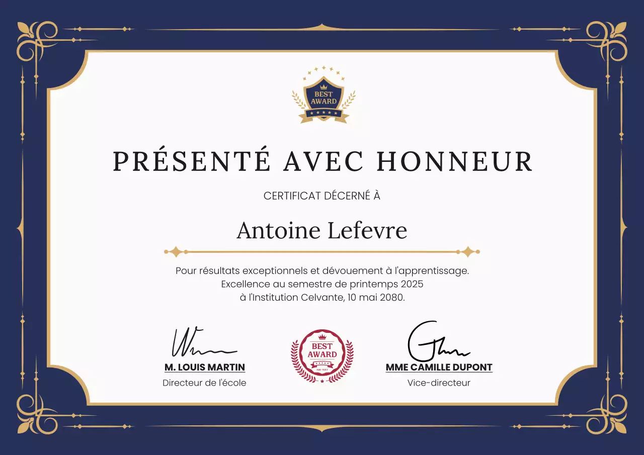 Affiche de récompense de certificat académique professionnel élégant bleu marine et or