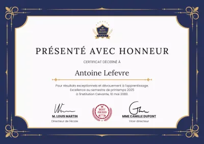Affiche de récompense de certificat académique professionnel élégant bleu marine et or