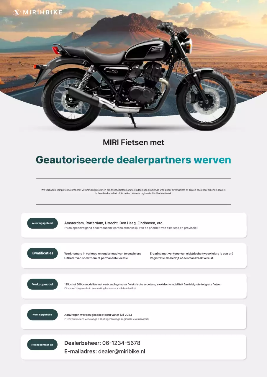 Advertentie voor het werven van officiële dealerpartners voor een schone, muntkleurige motorfiets