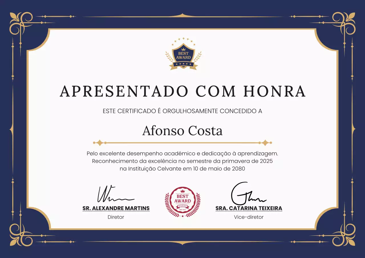 Cartaz de premiação de certificado acadêmico profissional elegante azul marinho e dourado