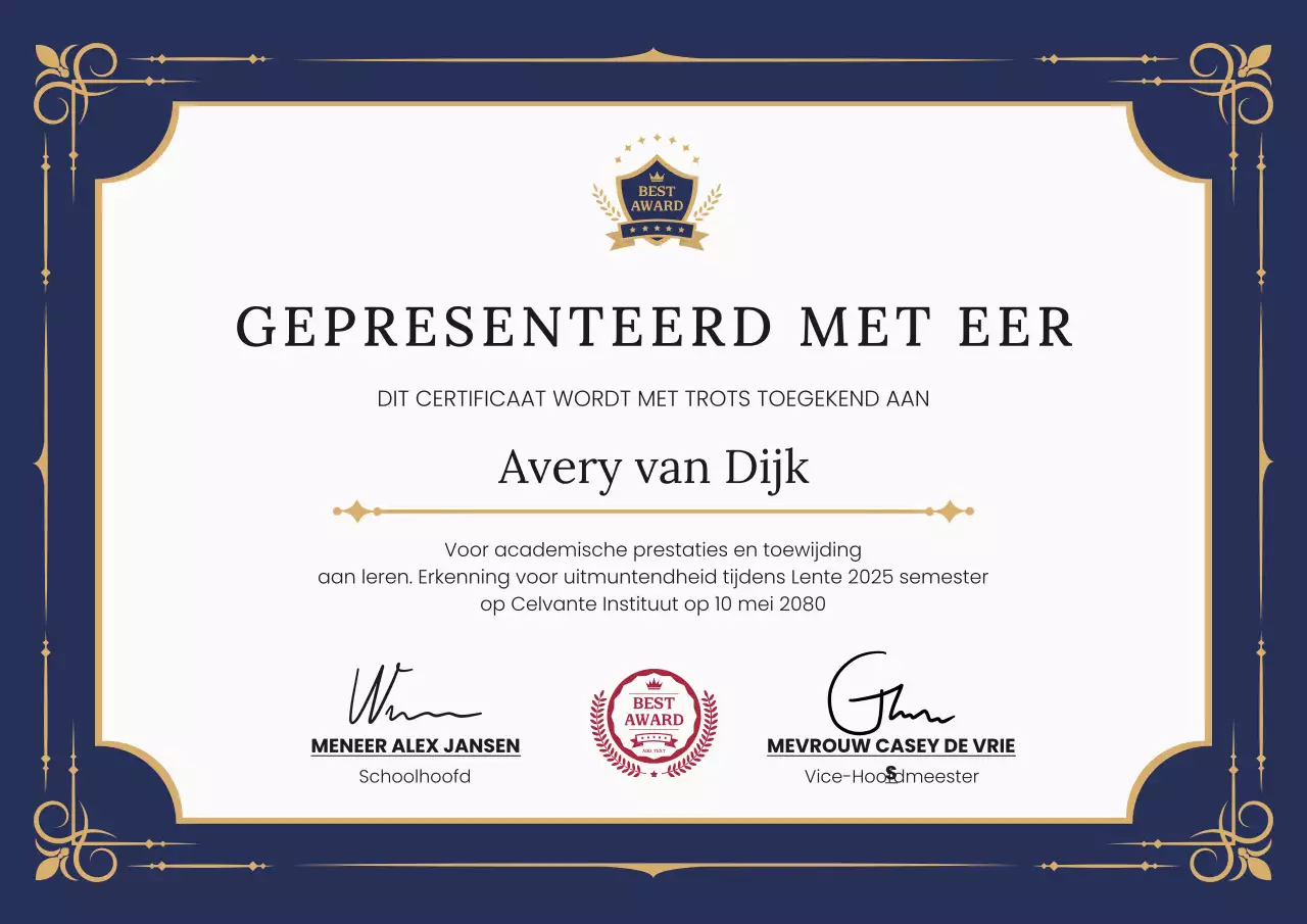Marineblauwe en gouden elegante professionele academische certificaatposter