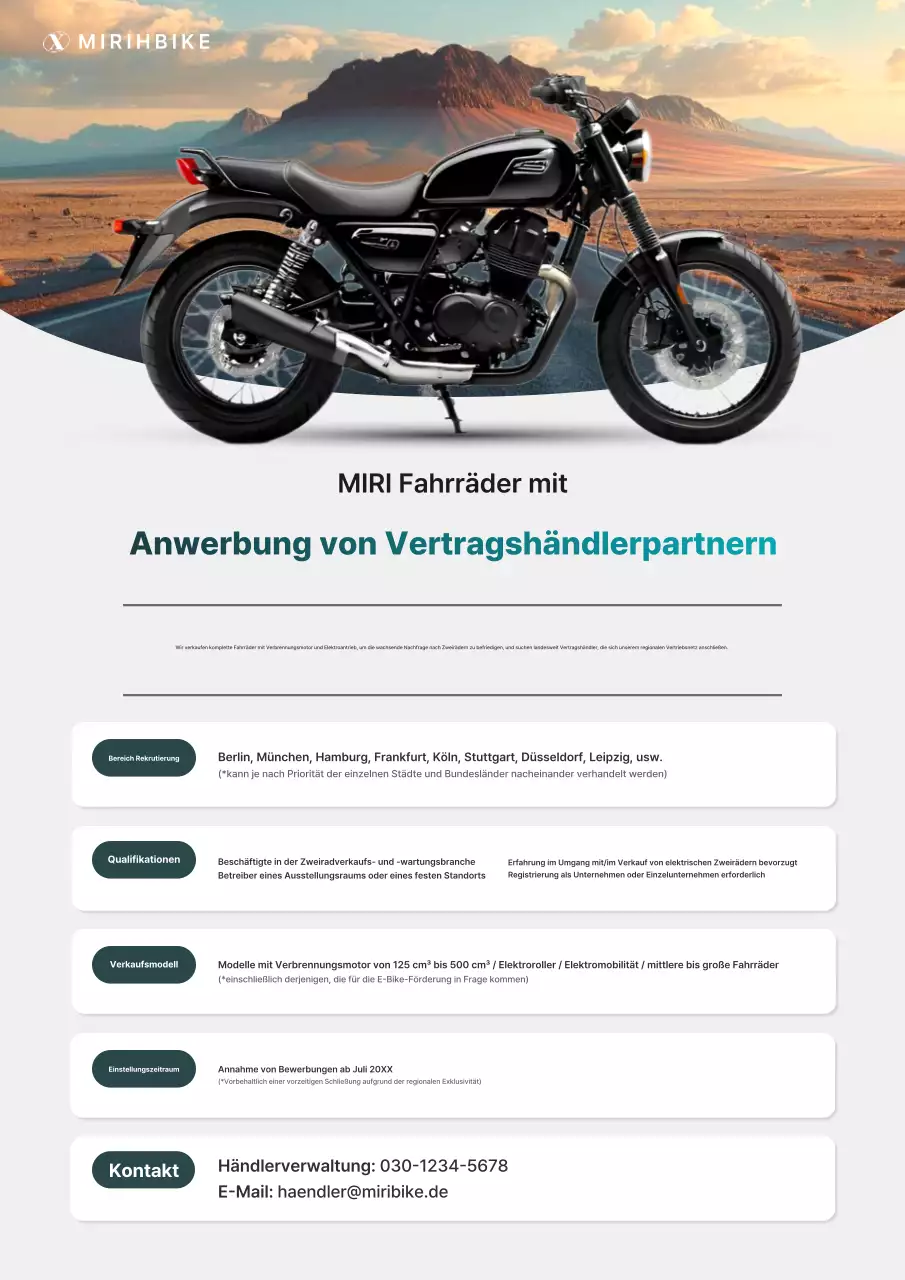 Anzeige zur Anwerbung offizieller Händlerpartner für ein sauberes, mintfarbenes Motorrad