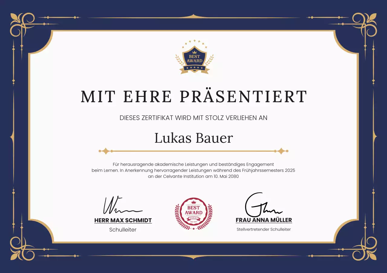 Elegantes professionelles akademisches Zertifikat in Marineblau und Gold Poster