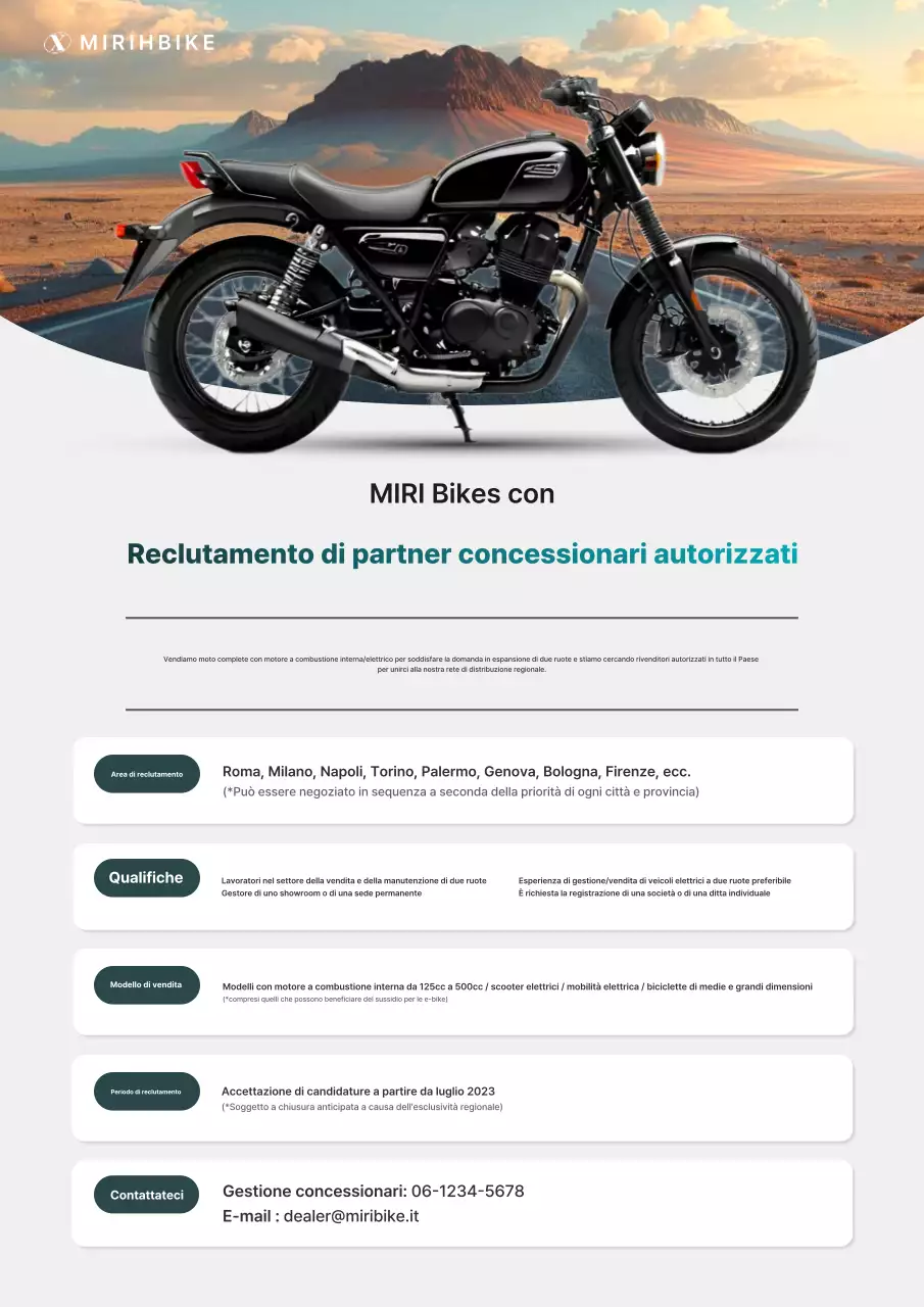 Annuncio per la ricerca di partner concessionari ufficiali per una motocicletta pulita, color menta