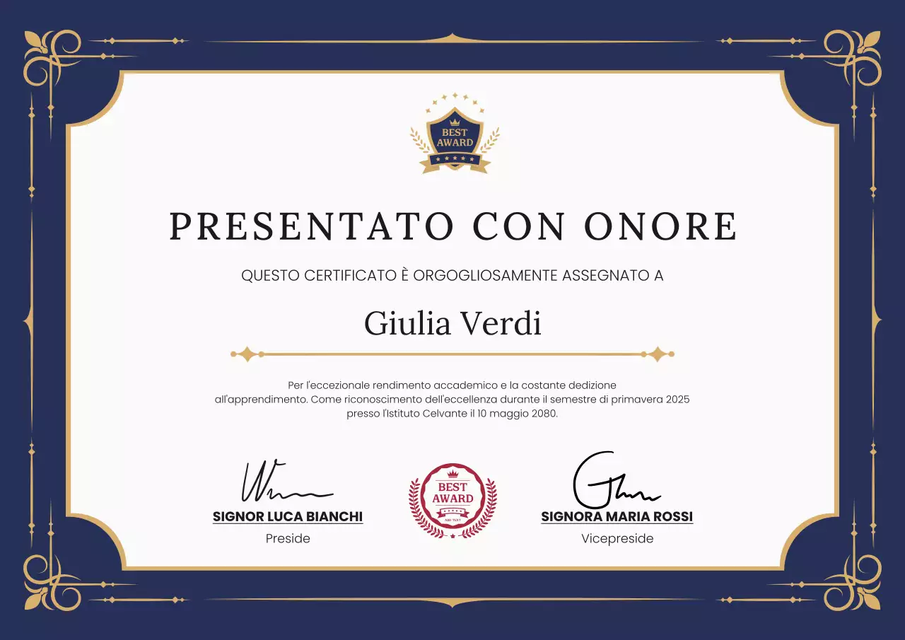 Poster elegante per il certificato accademico professionale blu navy e oro