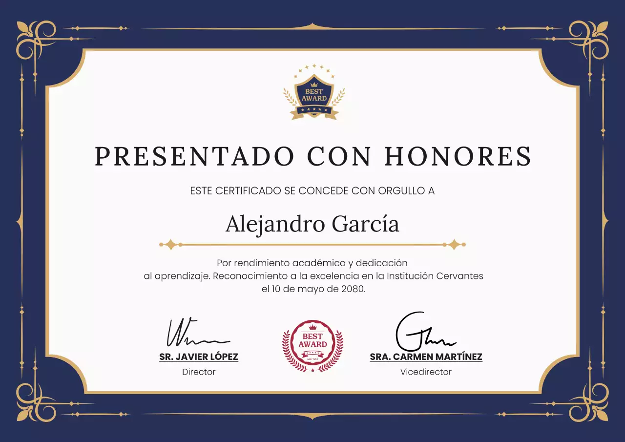 Póster elegante de certificado académico profesional en azul marino y dorado