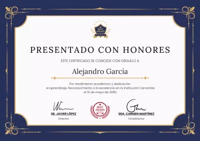 Póster elegante de certificado académico profesional en azul marino y dorado