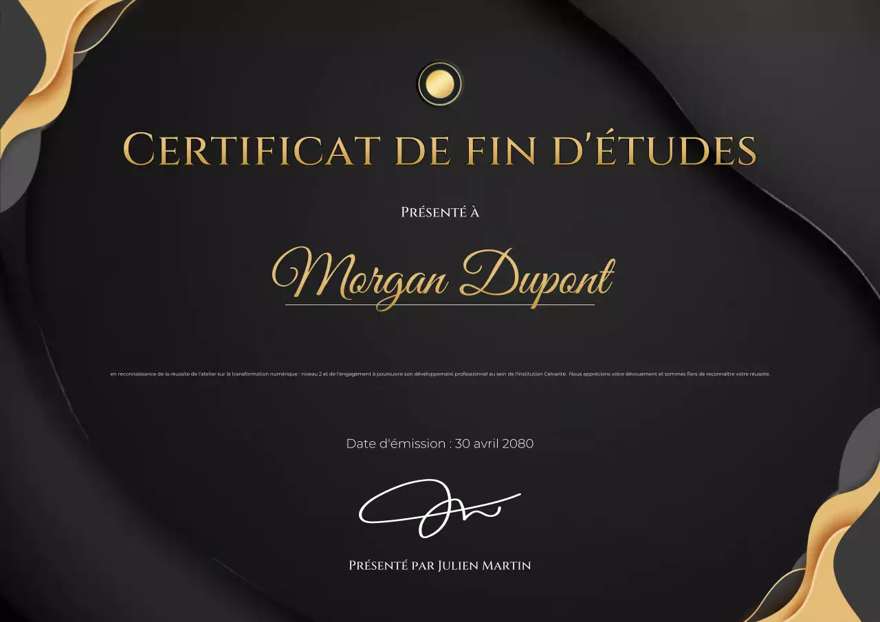 Affiche de certificat élégante et dorée