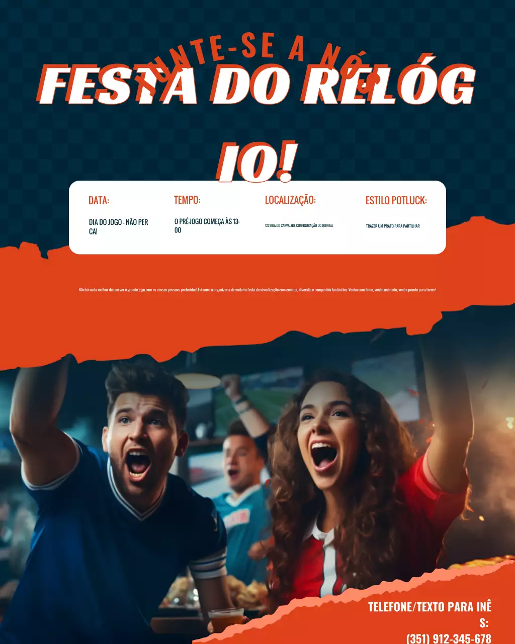 Convite para festa com relógio retrô laranja no Instagram