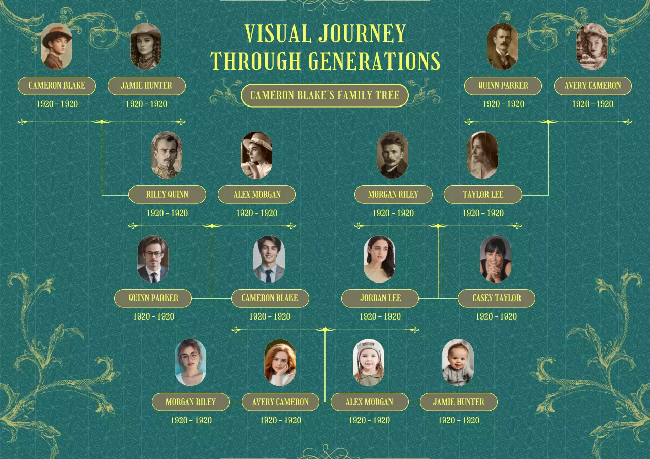 Teal and Yellow Gold Vintage Classic Family Tree Poster