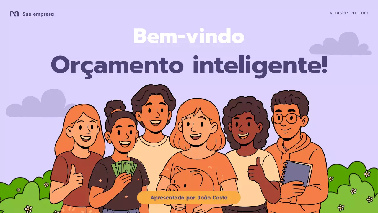 Apresentação do curso de orçamento em desenho animado roxo