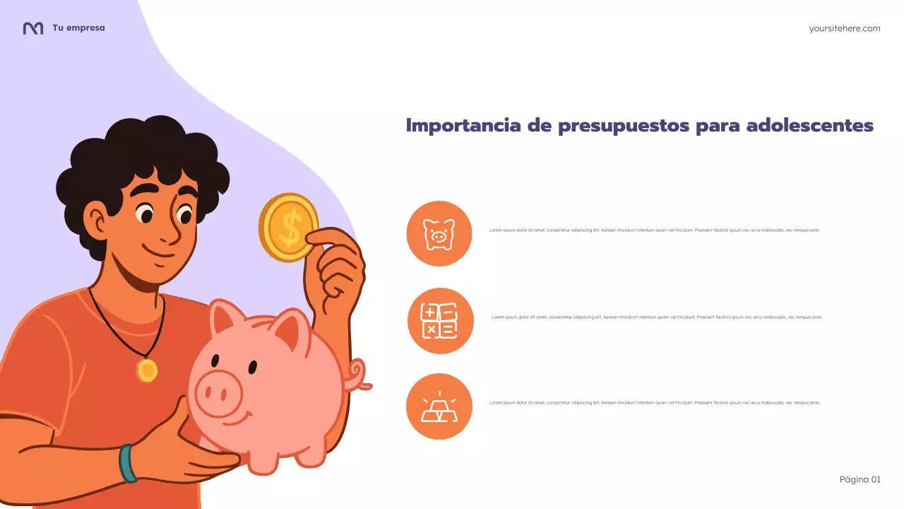 Presentación del curso de presupuesto con dibujos animados morados