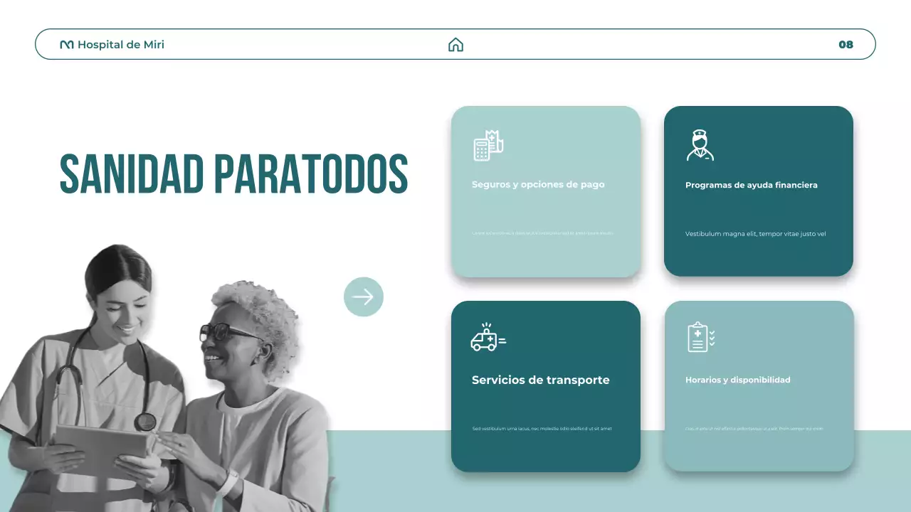 Presentación de promoción de atención médica moderna en verde azulado