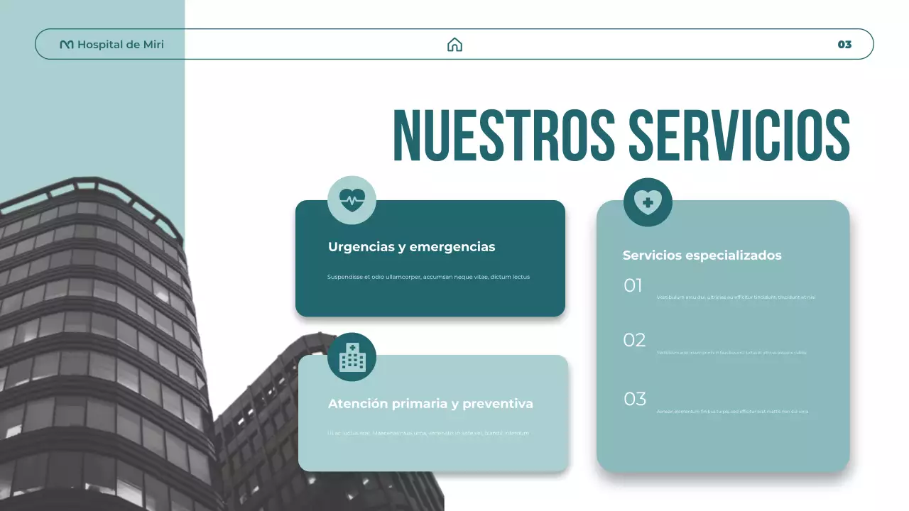 Presentación de promoción de atención médica moderna en verde azulado