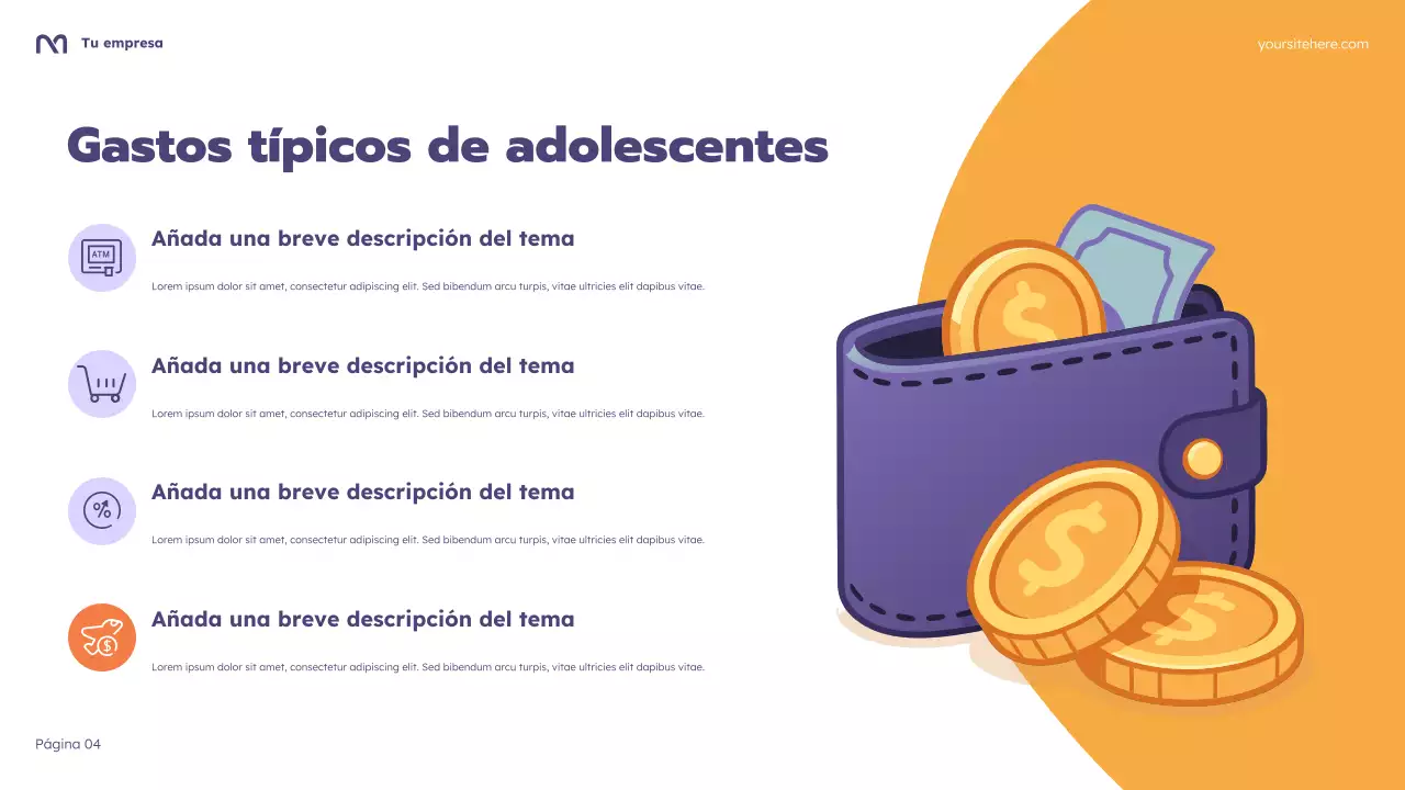 Presentación del curso de presupuesto con dibujos animados morados