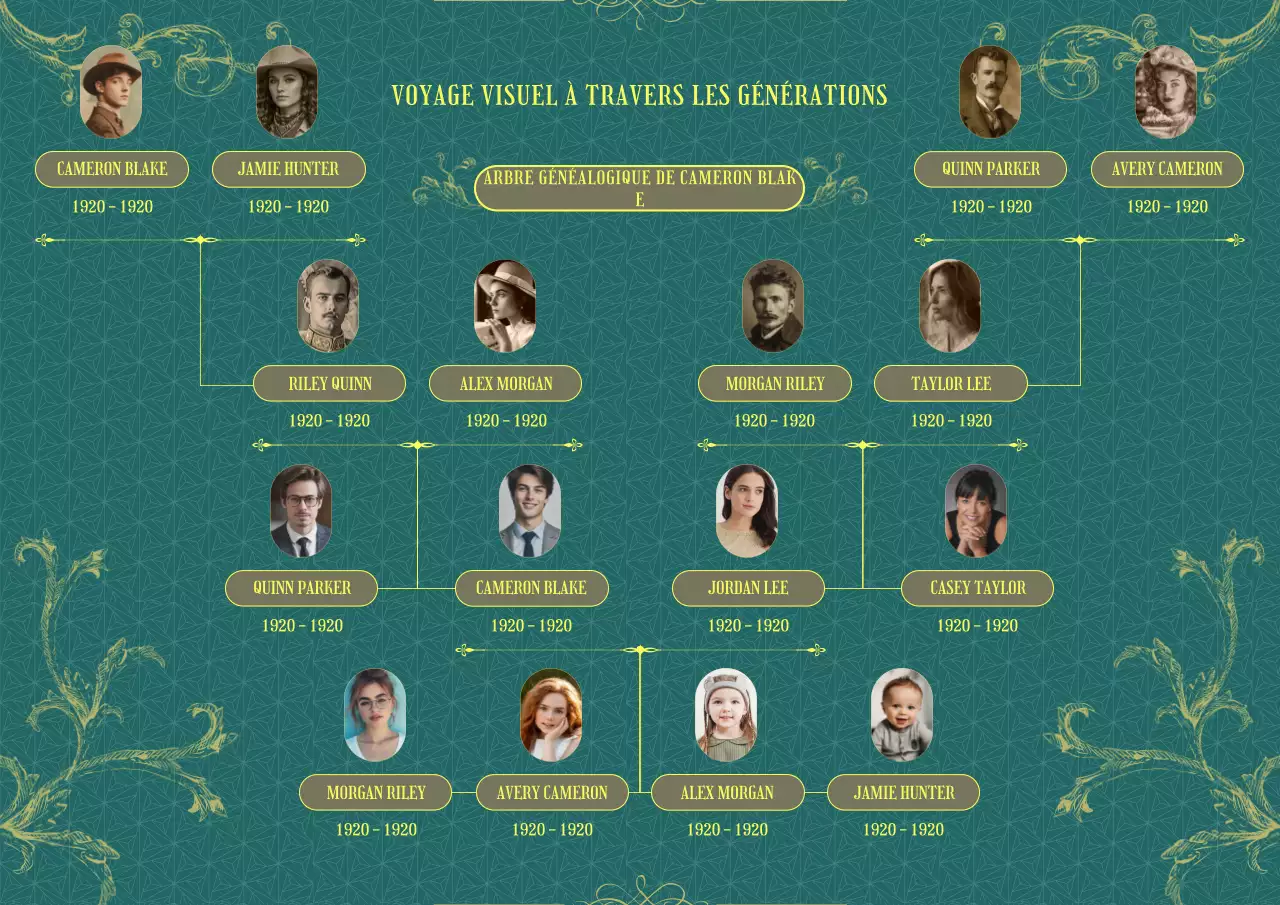 Affiche d'arbre généalogique classique vintage bleu sarcelle et jaune or