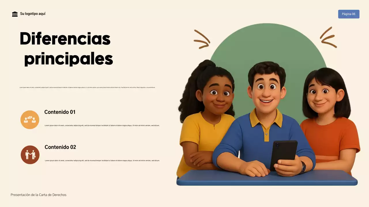 Presentación moderna de la Declaración de Derechos en beige y marrón