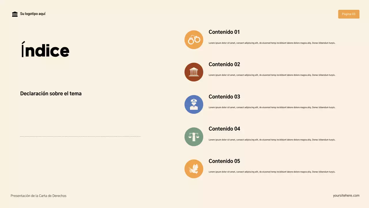 Presentación moderna de la Declaración de Derechos en beige y marrón