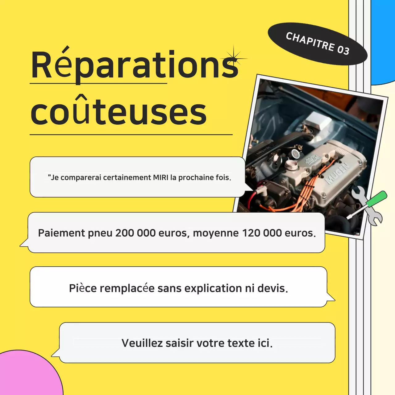 Publicité kitsch jaune pour la réparation de motos