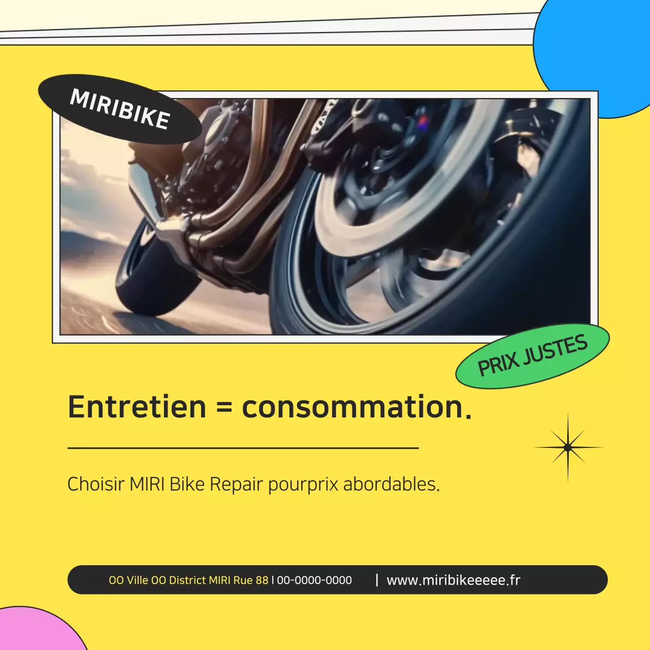 Publicité kitsch jaune pour la réparation de motos