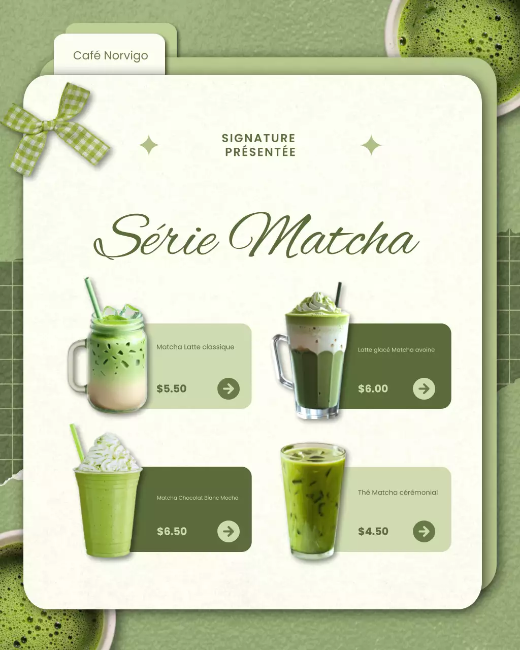 Menu Matcha vert, moderne et ludique sur Instagram