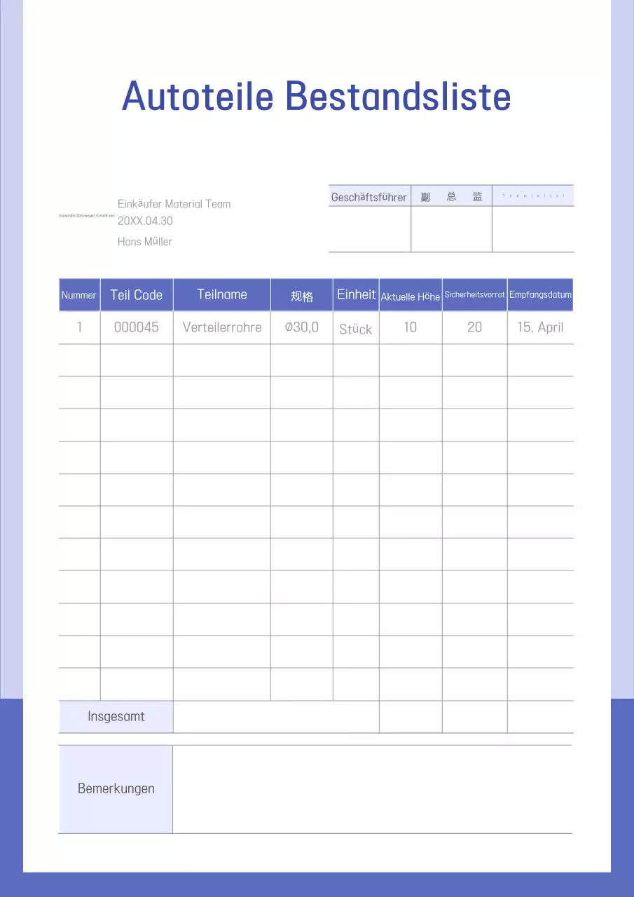 Blue Neat Bestandsverwaltungsdokument