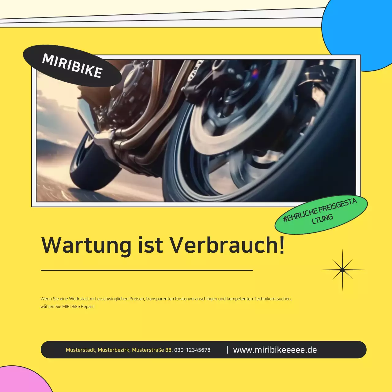 Gelbe kitschige Motorrad-Reparatur-Anzeige