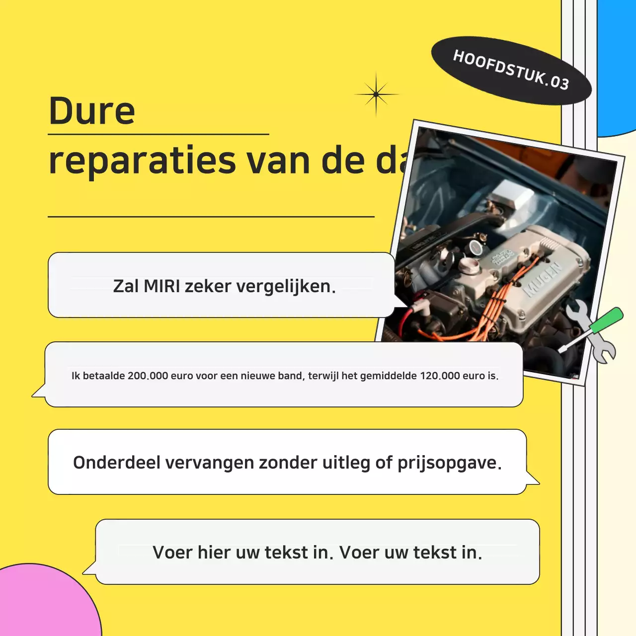 Gele kitscherige motorreparatie-advertentie