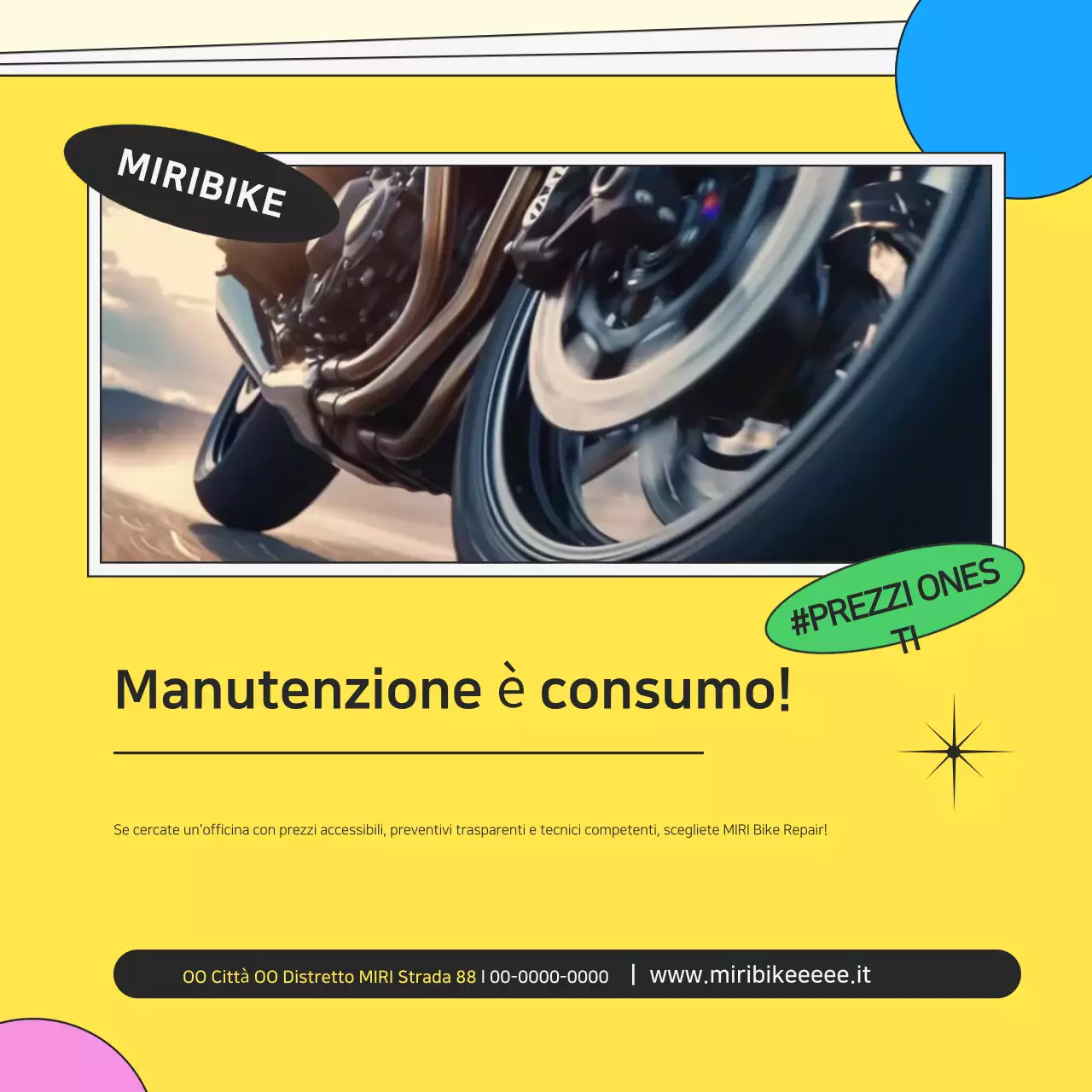 Annuncio kitsch giallo per la riparazione di motociclette