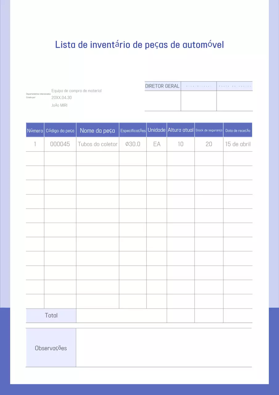 Documento de gerenciamento de estoque Blue Neat