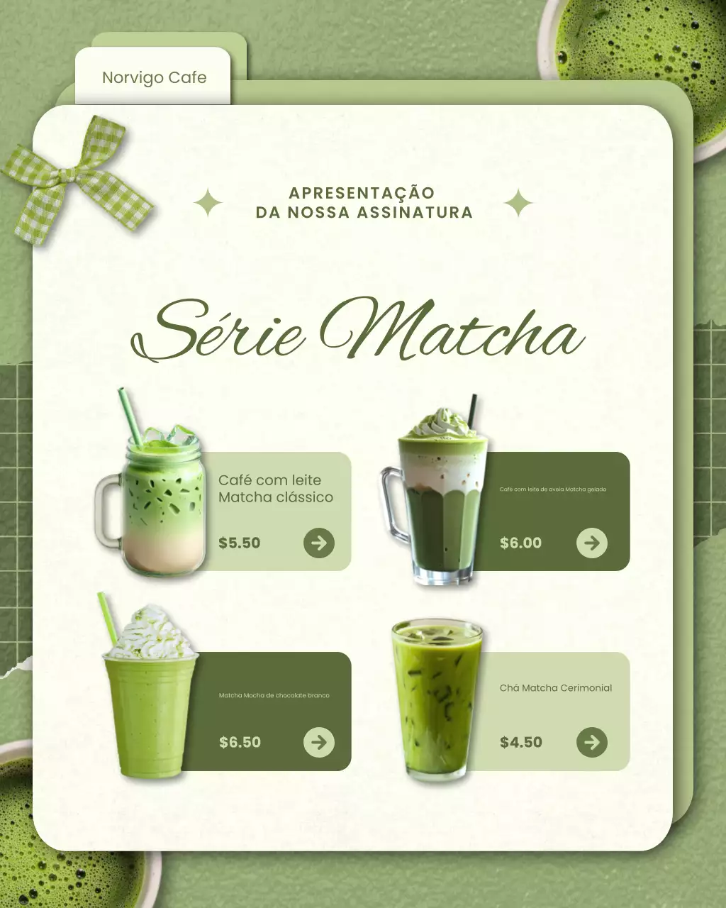 Postagem no Instagram de um cardápio de Matcha moderno e divertido