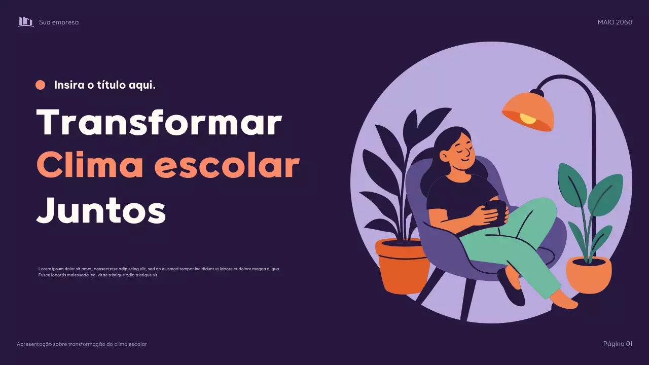 Apresentação ilustrativa em roxo: Transformando o clima escolar juntos