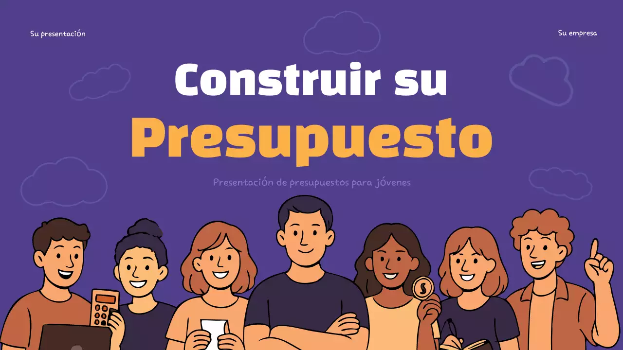 Presentación infográfica sobre presupuestos de moda en color morado