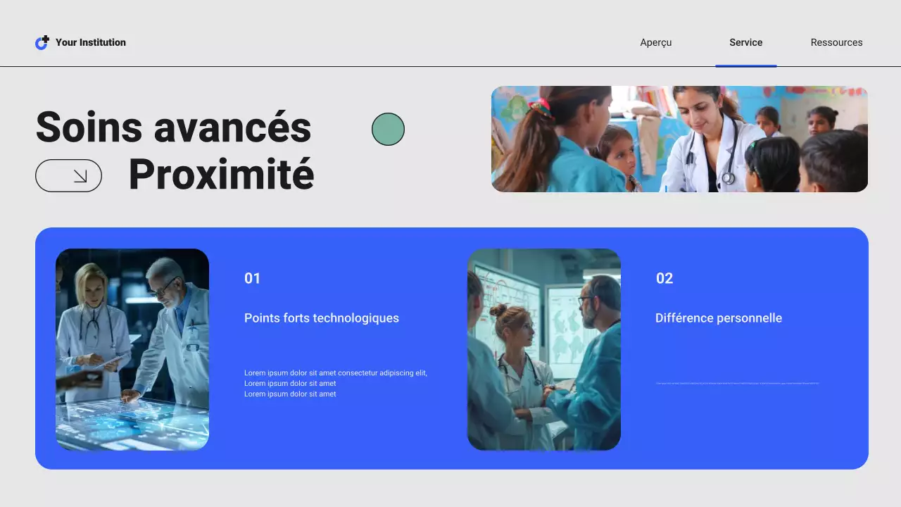 Présentation des services hospitaliers locaux professionnels modernes bleus et verts