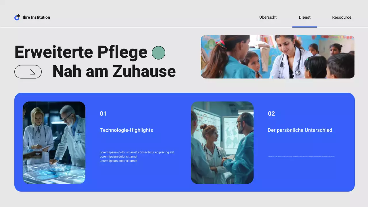 Blaue und grüne moderne professionelle Präsentation lokaler Krankenhausdienste