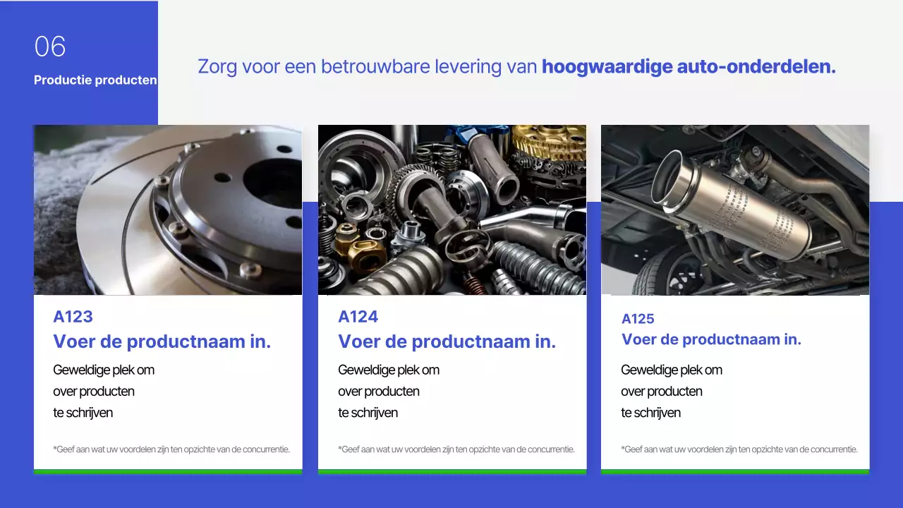 Voorstel voor een eenvoudig blauw en groen metaalstansproduct voor de automobielindustrie