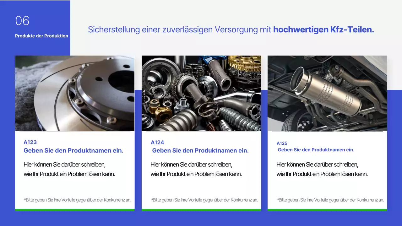 Blauer und grüner einfacher Produktvorschlag für die Metallprägung im Automobilbereich