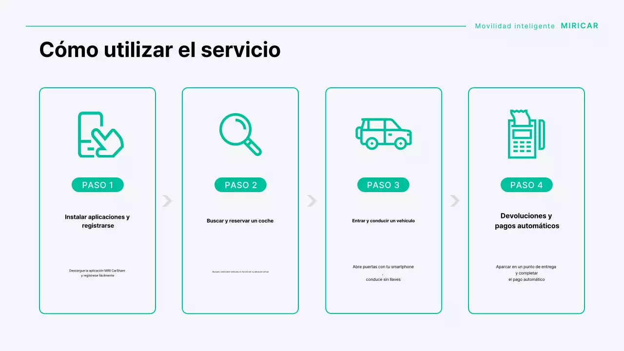 Una moderna empresa de coches compartidos en tonos menta y gris.