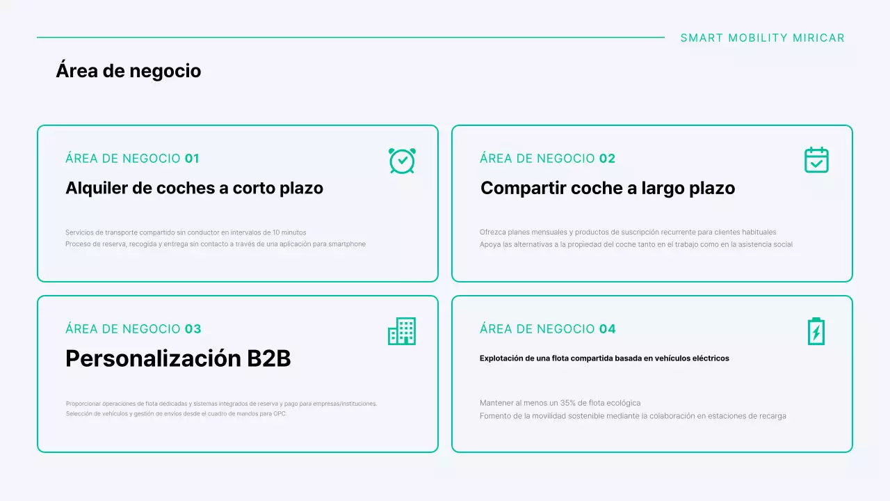 Una moderna empresa de coches compartidos en tonos menta y gris.