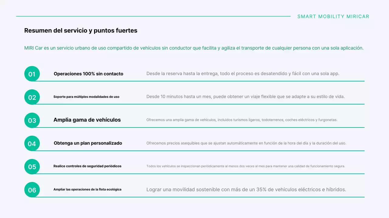 Una moderna empresa de coches compartidos en tonos menta y gris.