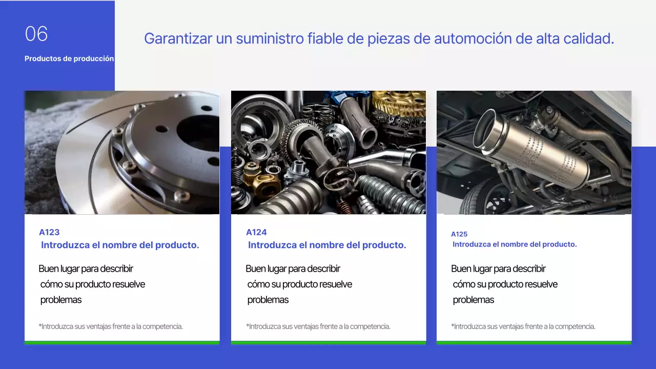Propuesta de producto de estampado metálico automotriz simple en azul y verde