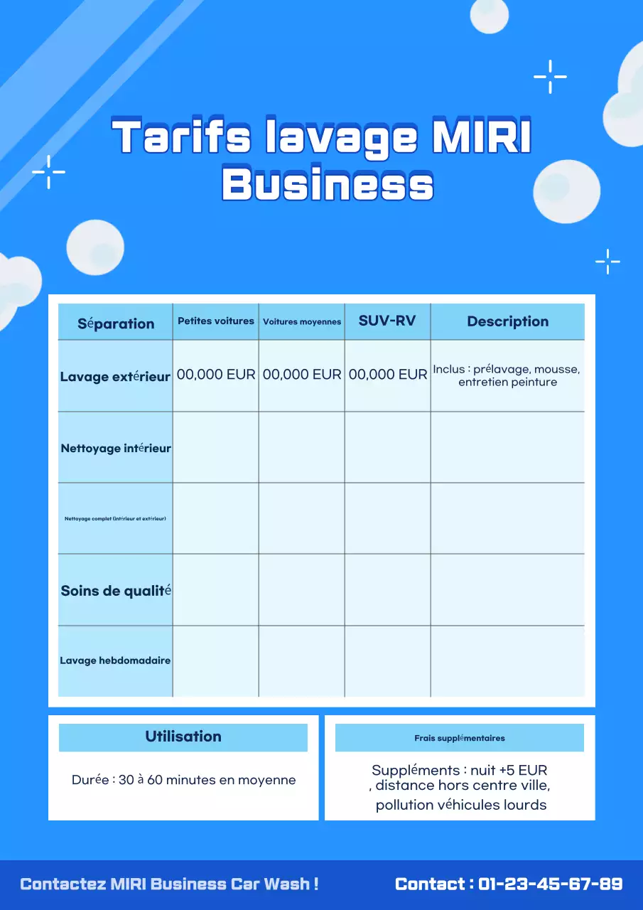 Guide des tarifs du lave-auto mobile Blue Simple