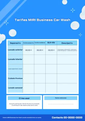 Guía de tarifas de lavado de autos móvil Blue Simple