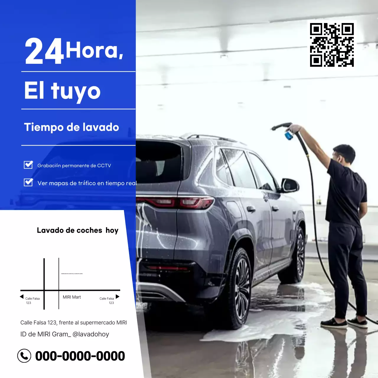 Anuncio de lavado de autos autoservicio moderno azul