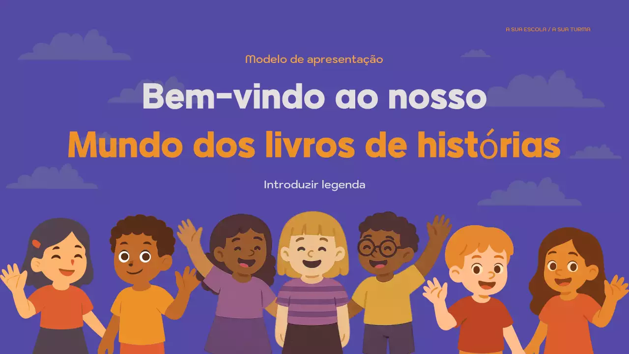 Apresentação do livro de histórias lúdicas em roxo