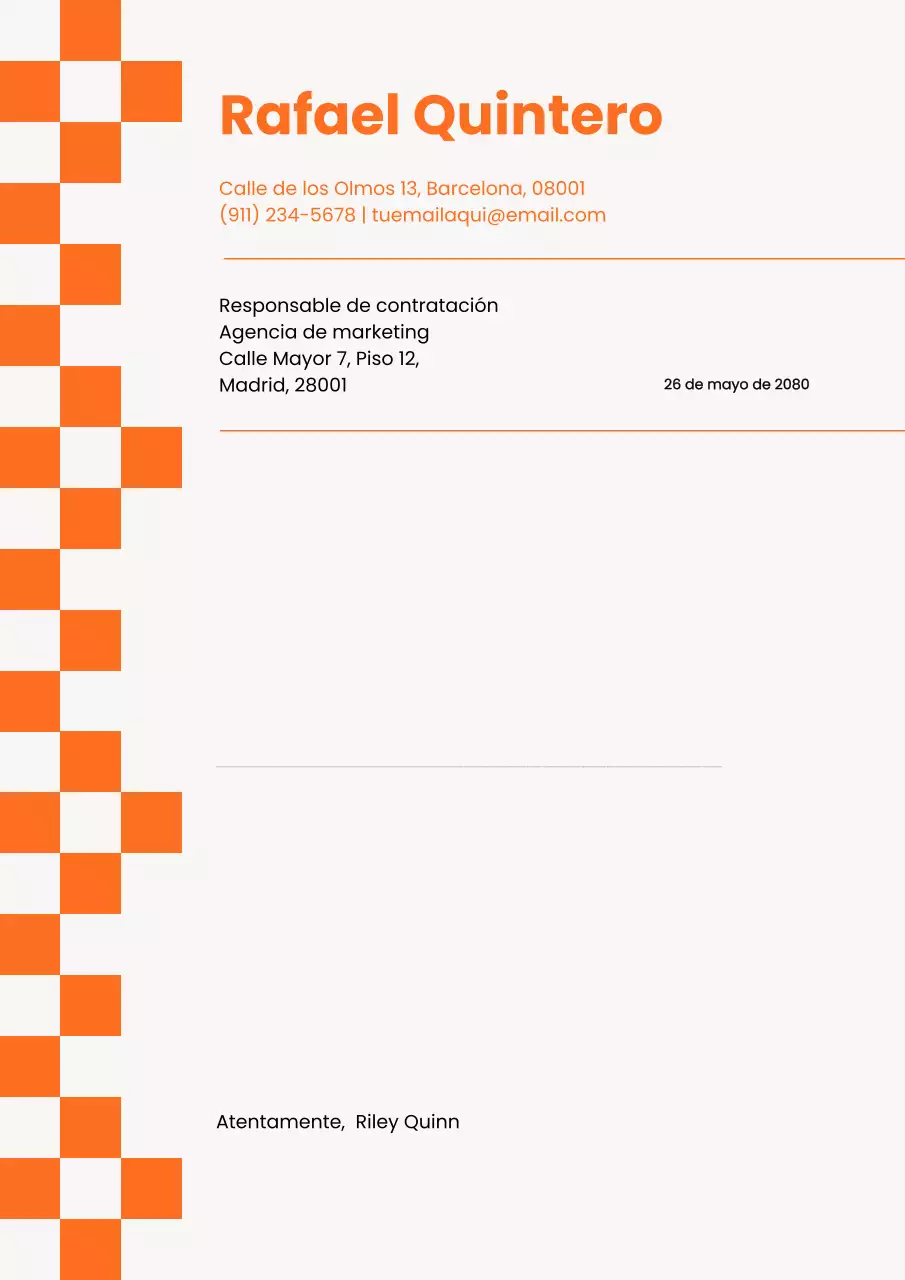 Póster con plantilla de carta de presentación moderna en color naranja