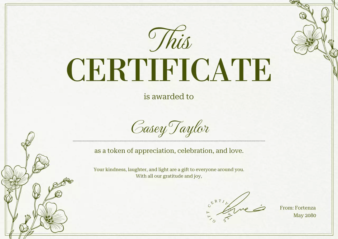 Green and Beige Floral Elegant Appreciation Certificate Poster