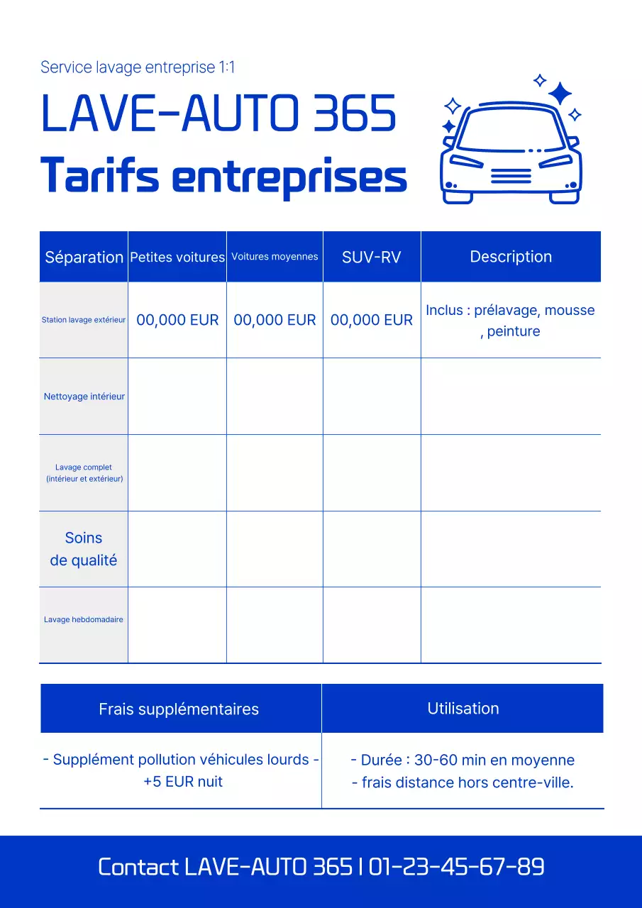 Guide des tarifs de lavage de voiture Blue Simple